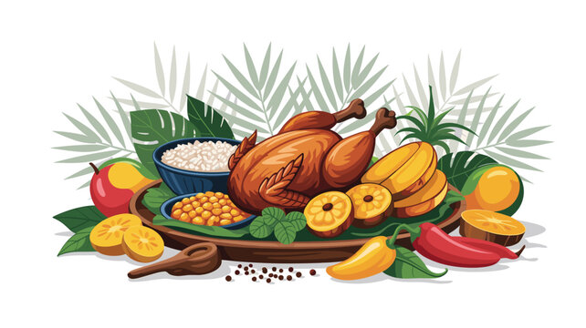 Festive Filipino Christmas Feast Illustration: Lechon Manok, Rice, Mangoes, and Other Tropical Fruits for Noche Buena Celebration
