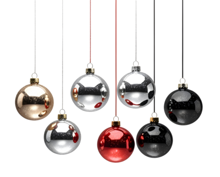 Realistic  red, black, gold, silver  Christmas  balls  isolated on white background. Generative AI