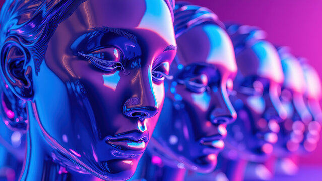 Shiny, reflective, futuristic, mannequin heads in vibrant colors, showcasing blend of art and technology, evoke sense of modernity and creativity