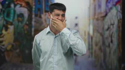 Young hispanic man covering mouth with hand stands before colorful graffiti wall on urban street;...
