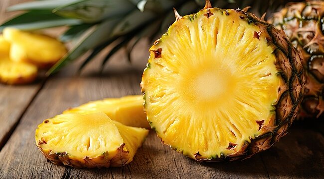 Fresh pineapple slices on a wooden surface