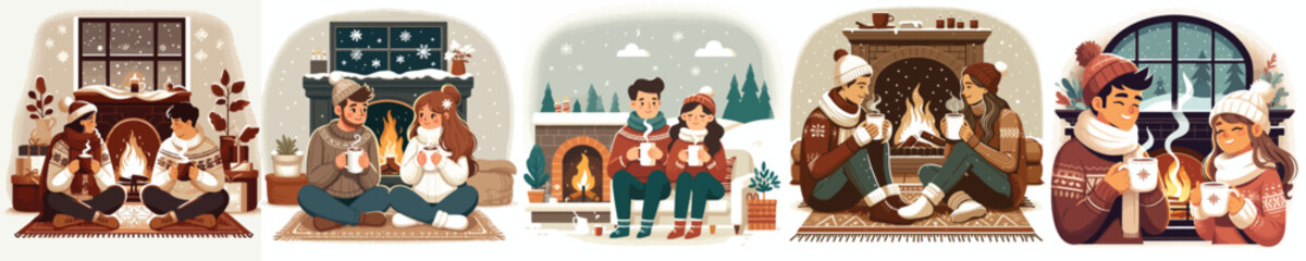 couples warm together by the fire and warm drinks
