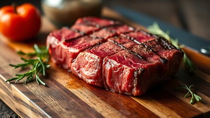 Close-up of raw beef on a wooden surface, showcasing freshness and culinary appeal.