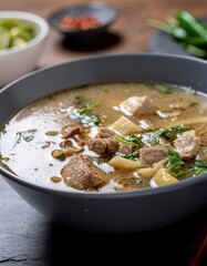 Hearty Beef and Noodle Soup in a Grey Bowl with Chopped Parsley and Chili Flakes Background