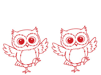 Two cheerful cartoon owls dancing joyfully against a white background