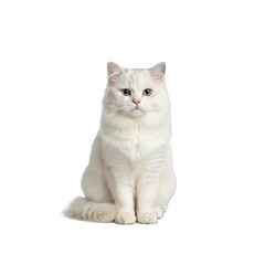 Obraz premium Fluffy White Cat With Blue Eyes Sitting Serenely Isolated On Black Background Studio Portrait Natural Light Professional Photography