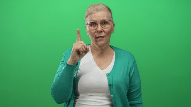 Woman pointing index finger upward in studio against green screen, wearing glasses and teal cardigan over white v neck tee; curiosity. - Powered by Adobe