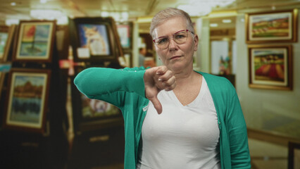 Woman showing thumbs down toward artwork in gallery, wearing teal cardigan and white shirt;...