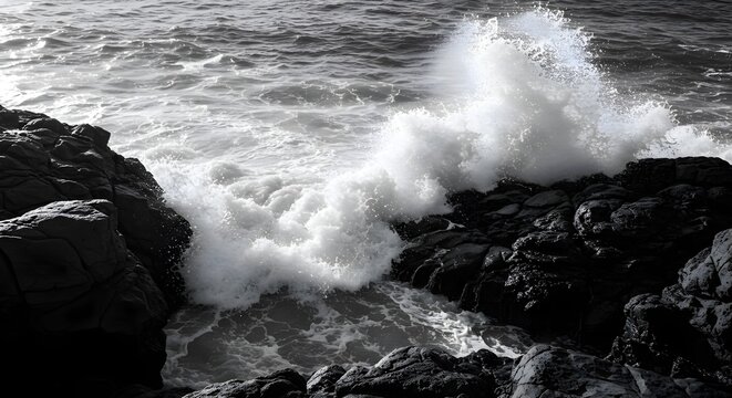 Monochrome High Contrast Ocean Wave Crashing on Jagged Black Rocks
