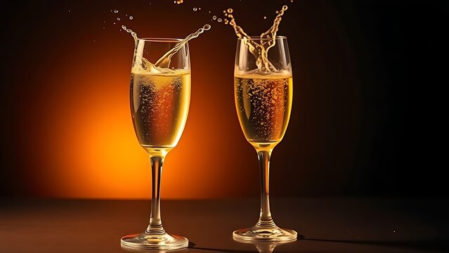 Two champagne glasses capturing the dynamic splash of liquid, illuminated by golden light against a dark gradient backdrop.