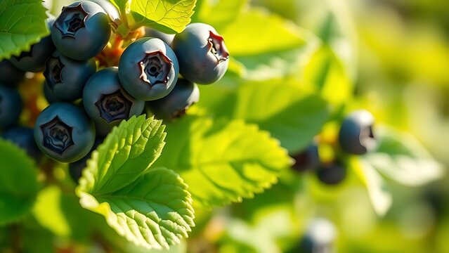 Close-up of lush blueberry leaves glowing in morning light with a clean botanical backdrop.
