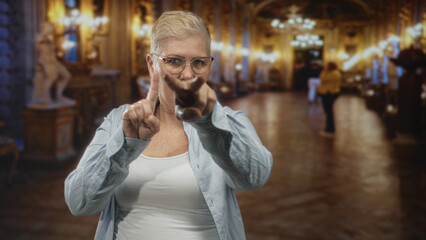 Fototapeta premium Woman adjusts glasses with finger near nose in ornate museum building among sculptures and chandeliers; confidence quiet reflection.