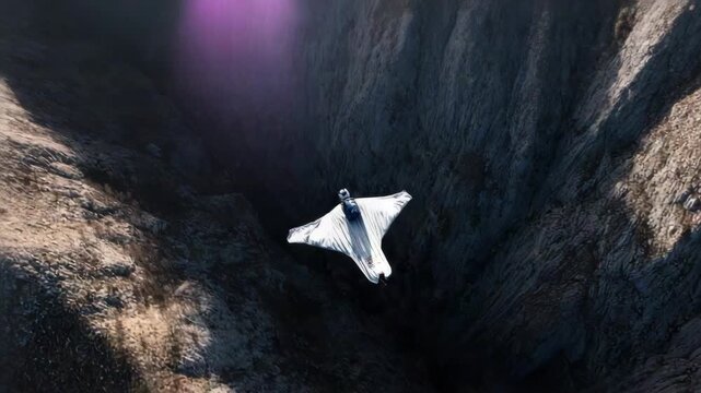 Wingsuit flyer soaring through the air above a rugged mountain landscape