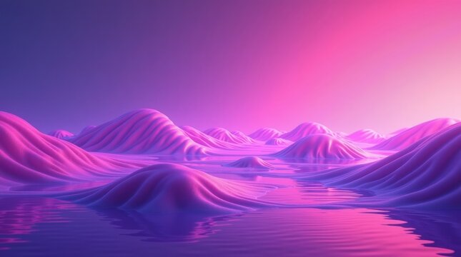 Surreal alien landscape with glowing pink and purple mountains and reflective water - Powered by Adobe