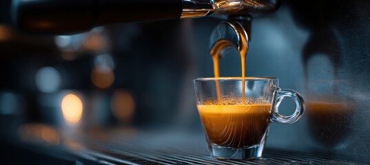 Aromatic Espresso Pouring into a Glass Cup - A Moment of Coffee Perfection.