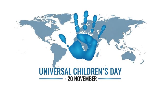 Blue handprint over world map for Universal Children's Day November 20 palm fingers - Powered by Adobe