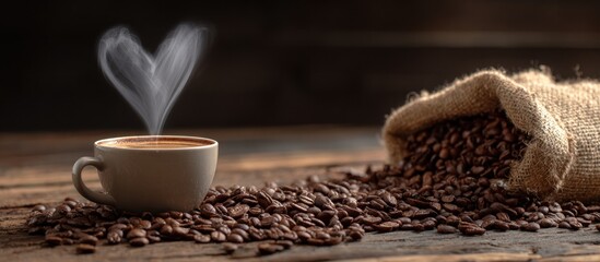 Aromatic Coffee Cup with Heart-Shaped Steam and Coffee Beans.