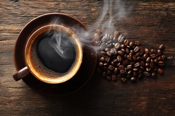 Aromatic Coffee Cup with Beans on Wooden Table.
