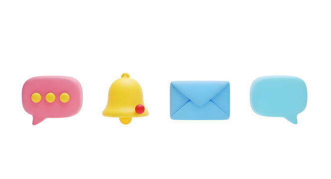 compact set of pastel messaging icons: speech bubble with dots, notification bell, envelope mail, and empty chat bubble — suited for app toolbars, notification centers, messaging UIs, and inbox indica - Powered by Adobe