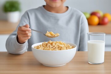 Young boy enjoying a bowl of cereal with milk, holding a spoon, in a bright kitchen setting, surrounded by fresh fruits, showcasing a healthy breakfast routine