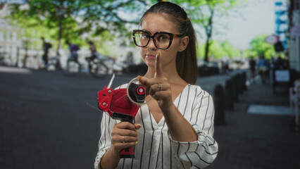Fototapeta premium Woman finger pointing forward while holding red tape dispenser and wearing large glasses and striped blouse on a busy city street; determination.