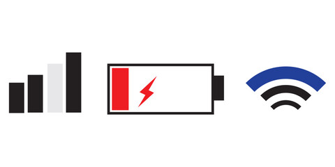 Set of status bar icon. Mobile phone system icons. Signal, wifi, and battery vector illustration on white background