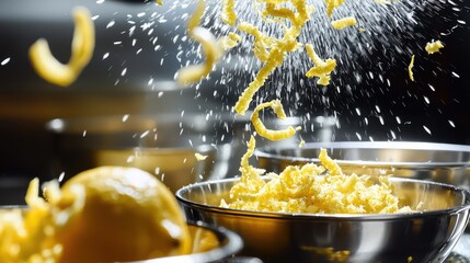 Lemon zest spray cascading particles falling into stainless steel bowl captured with dramatic motion photography professional kitchen culinary dynamics