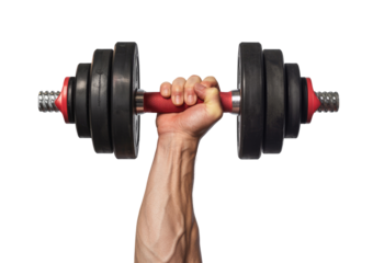 Hand holding a heavy black dumbbell, representing fitness and strength training isolated on transparent white background 
