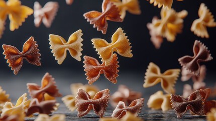 Pasta falling cascade colorful farfalle pieces bow-tie scattered butterfly-shaped motion pattern pinched center flared edges multi-toned rotation speed
