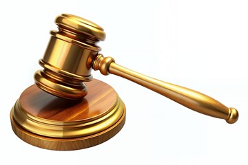 Golden gavel and sounding block on white background