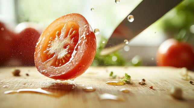 Tomato slice falling through air toward wooden board with knife natural window lighting juice droplets trailing dynamic kitchen ingredient movement capture