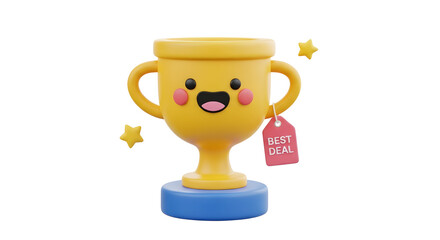 cute yellow trophy with smiling face and a "Best Seller" tag — perfect for awards, top-product badges, bestseller listings, achievement highlights, and recognition UI elements.

