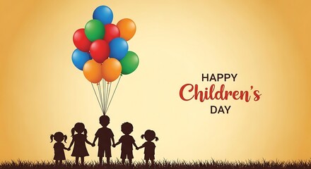 Children holding hands under colorful balloons happy childrens day kids celebration