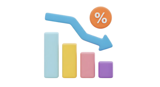 soft pastel bar chart with an arrow trending downward and a percent marker — represents decline, drop in metrics, falling sales, discount percentages, or risk indicators.

