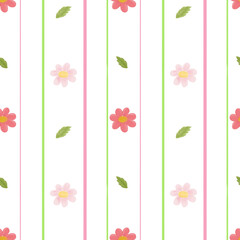 Seamless Floral Stripe Pattern With Pink Flowers, Green Leaves, And Pastel Colors Background
