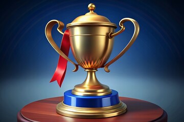 Golden trophy with red ribbon on wooden pedestal