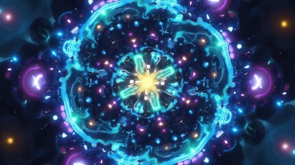 Abstract glowing fractal mandala with cosmic energy and vibrant lights