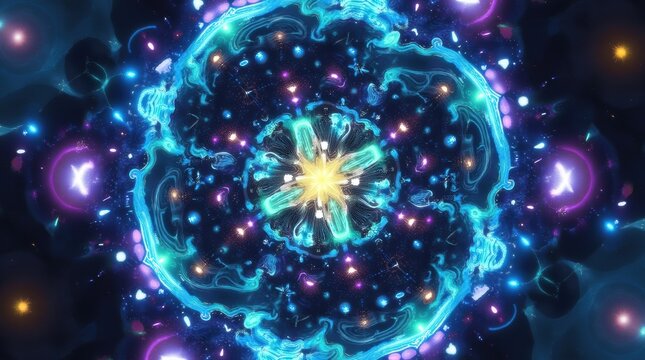 Abstract glowing fractal mandala with cosmic energy and vibrant lights - Powered by Adobe