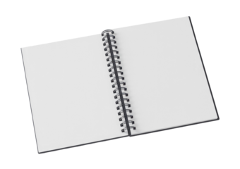 Open spiral notebook or sketchbook with blank white pages for mockup isolated on transparent white background 
