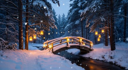 Winter wonderland bridge scene with snow and lantern lights