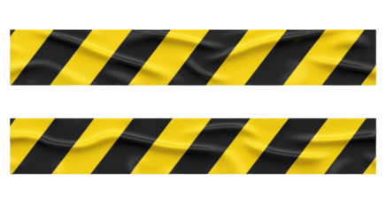 Strips of wrinkled yellow and black striped caution tape for restricted areas isolated on transparent white background 