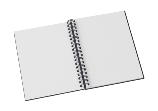 Open spiral notebook or sketchbook with blank white pages for mockup isolated on transparent white background 
