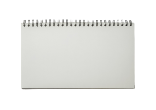 Open spiral notebook or sketchbook with blank white pages for mockup isolated on transparent white background 
