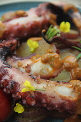 Grilled octopus with golden potatoes and creamy rocoto sauce—a bold and flavorful seafood dish showcasing the richness of Peruvian cuisine.