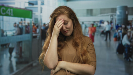 Woman in brown dress hand on cheek for toothache at busy airport terminal gate c41 near glass wall;...