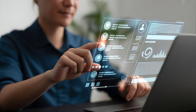 Modern businesswoman reviewing digital data on futuristic interface now