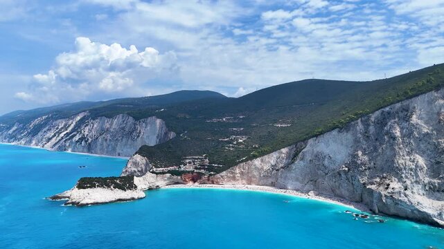 Porto Katsiki cliffs and turquoise bay aerial view in Greece