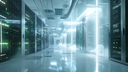 Server Room Data Center: Rows of Racks, Bright Lights, Modern Technology - Powered by Adobe