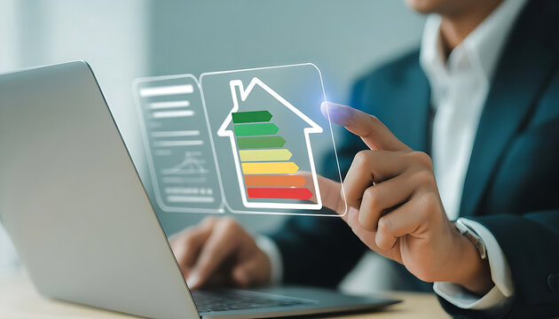 Modern professional analyzing home energy efficiency data on laptop now
