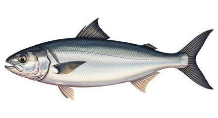 Obraz premium Bluefish illustration on white background, saltwater game fish with silver scales and sharp fins, marine predator species for fishing guides, detailed sea fish drawing for seafood packaging.